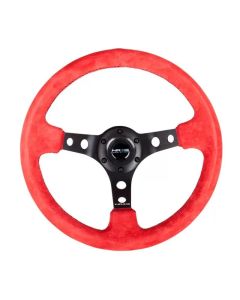 NRG Reinforced Steering Wheel (350mm / 3in. Deep) Red Suede w/Blk Circle Cutout Spokes - RST-006S-RR