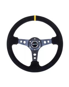 NRG Reinforced Steering Wheel (350mm / 3in. Deep) Blk Suede w/Circle Cut Spokes & Single Yellow CM - RST-006S-Y
