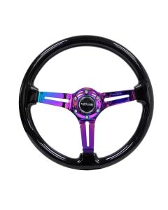 NRG Reinforced Steering Wheel (350mm / 3in. Deep) Blk Wood w/Blk Matte Spoke/Neochrome Center Mark - RST-018BK-MC