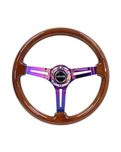 NRG Reinforced Steering Wheel (350mm / 3in. Deep) Brown Wood w/Blk Matte Spoke/Neochrome Center Mark - RST-018BR-MC