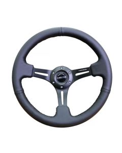 NRG Reinforced Steering Wheel (350mm / 3in. Deep) Black Leather w/ Black Stitching - RST-018R