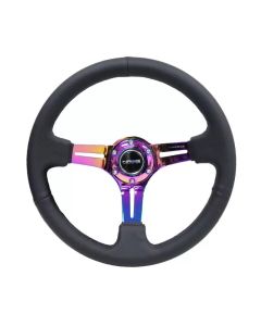 NRG Reinforced Steering Wheel (350mm / 3in. Deep) Blk Leather/Blk Stitch w/Neochrome Slits - RST-018R-MCBS