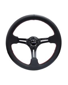 NRG Reinforced Steering Wheel (350mm / 3in. Deep) Black Leather/Red Stitch & Blk 3-Spoke w/Slits - RST-018R-RS