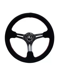 NRG Reinforced Steering Wheel (350mm / 3in. Deep) Blk Suede w/Red Stitching & 5mm Spokes w/Slits - RST-018S-RS