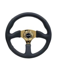 NRG Reinforced Steering Wheel (350mm / 2.5in. Deep) Leather Race Comfort Grip w/4mm Gold Spokes - RST-023GD-R