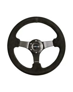 NRG Reinforced Steering Wheel (330mm / 3in Deep) Blk Suede w/Criss Cross Stitch w/Blk 3-Spoke Center - RST-033BK-S