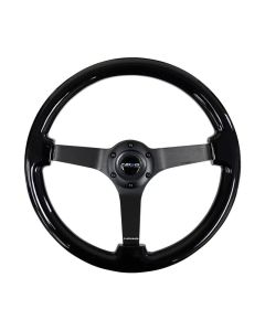 NRG Reinforced Steering Wheel (350mm / 3in. Deep) Black w/Black Chrome Solid 3-Spoke Center - RST-036BK-BK