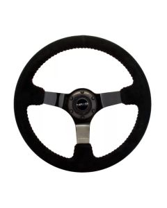 NRG Reinforced Steering Wheel (350mm / 3in. Deep) Blk Suede w/Red BBall Stitch & Black 3-Spoke - RST-036BK-S