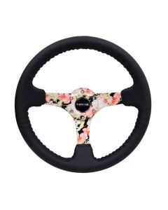 NRG Reinforced Steering Wheel (350mm / 3in. Deep) Blk Leather Floral Dipped w/ Blk Baseball Stitch - RST-036FL-R