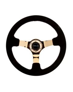 NRG Reinforced Sport Steering Wheel 350mm 3 Inch Deep black Suede with red Baseball Stitching Chrome Gold Spoke- NRG-RST-036GD-S