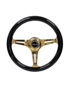 NRG Classic Wood Grain Steering Wheel (350mm) Black Grip w/Chrome Gold 3-Spoke Center - ST-015CG-BK