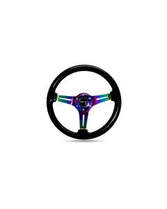 NRG Classic Wood Grain Steering Wheel (350mm) Black Paint Grip w/Neochrome 3-Spoke Center - ST-015MC-BK