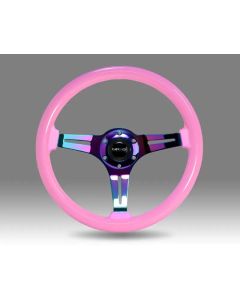NRG Classic Wood Grain Steering Wheel (350mm) Solid Pink Painted Grip w/Neochrome 3-Spoke Center - ST-015MC-PK