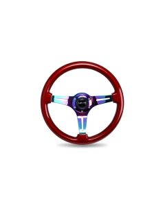NRG Classic Wood Grain Steering Wheel (350mm) Red Grip w/Neochrome 3-Spoke Center - ST-015MC-RD