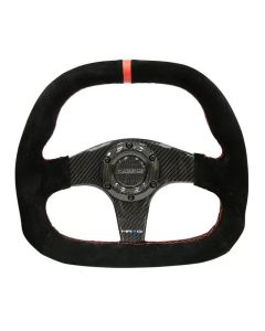 NRG Carbon Fiber Steering Wheel (320mm) Flat Btm. Blk Suede/Red Stitch w/CF Spokes & Red Center Mark - ST-019CF