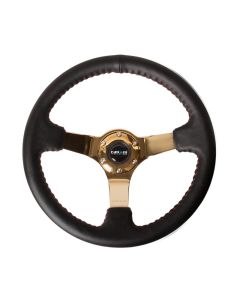 NRG Reinforced Steering Wheel (350mm / 3in. Deep) Blk Leather/Red BBall Stitch w/4mm Gold Spokes - RST-036GD