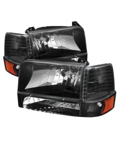 Xtune Ford F150/Bronco 92-96 Headlights w/Corner Bumper 6pcs Amber- Black HD-JH-FB92-SET-AM-BK - 5073136
