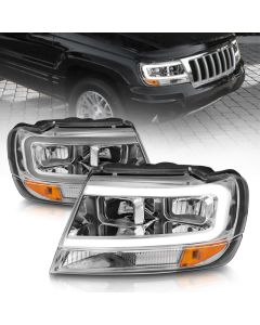 ANZO 1999-2004 Jeep Grand Cherokee Crystal Headlights w/ Light Bar Chrome Housing - 111538