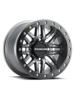 Raceline A91G Ryno 15x7in/4x137 BP/10mm Offset/110.18mm Bore - Gunmetal & Black Ring Beadlock Wheel - A91G-57037-52