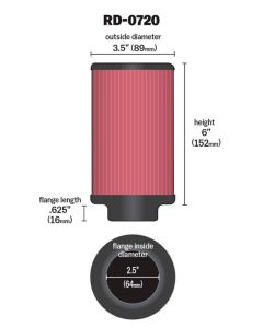K&N Universal Rubber Filter 2.5in Flange ID x 3.5in OD x 6in Height - RD-0720