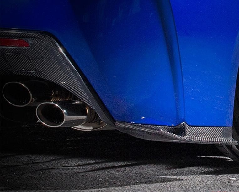 Rear corner of a blue Lexus RC F with the NOVEL Racing Japan carbon fiber rear under spoiler installed