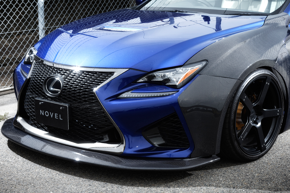 NOVEL Racing Japan widebody Lexus RC F in blue with carbon fender flares, front three-quarter view